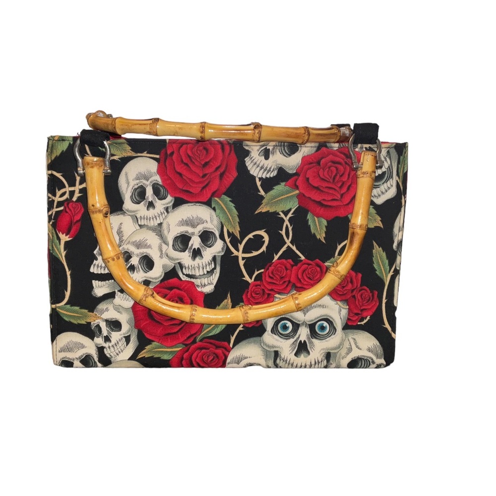 Day of the Dead Skulls Rose Tattoos Box Shape Handmade Bag With Bamboo Handles